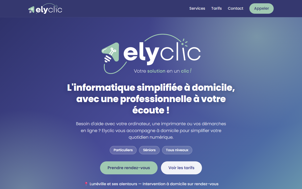 Page d'accueil du site Elyclic, assistance informatique à domicile